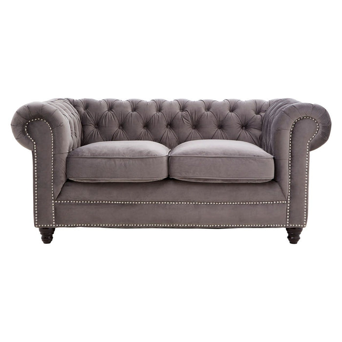 Stella Polyester Velvet 2 Seater Sofa In Grey With Carved Wooden Feets