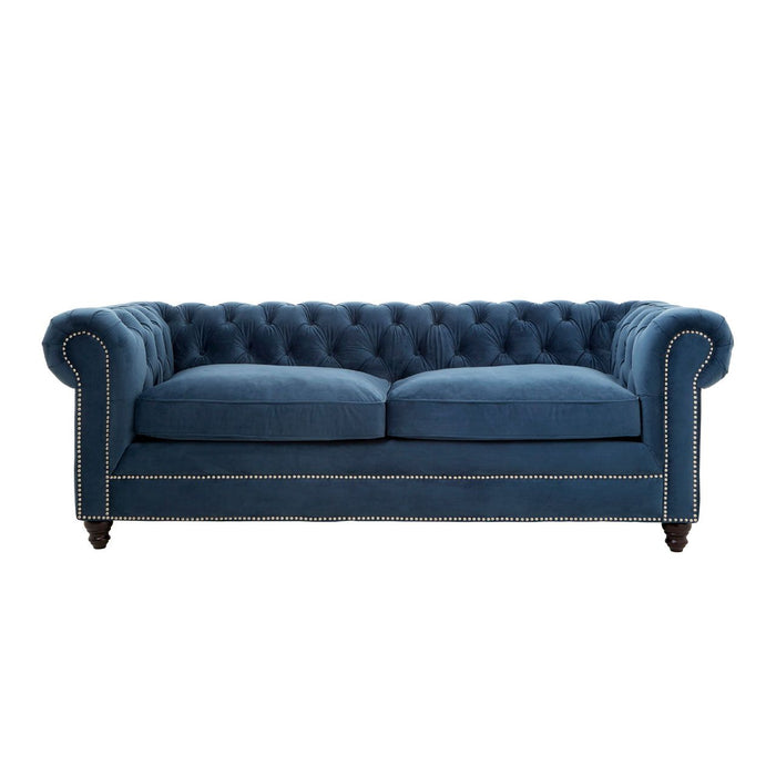 Stella Polyester Velvet 3 Seater Sofa In Midnight Blue With Carved Wooden Feets