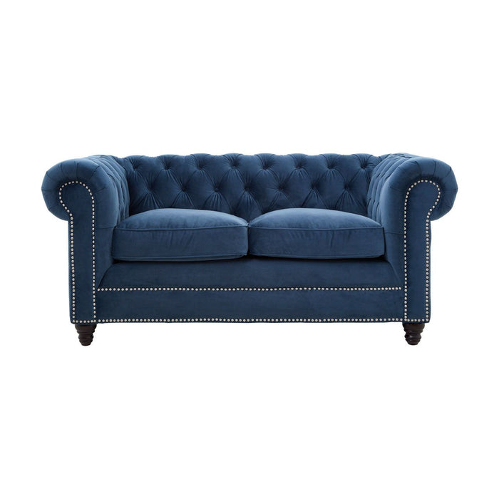 Stella Polyester Velvet 2 Seater Sofa In Midnight Blue With Carved Wooden Feets