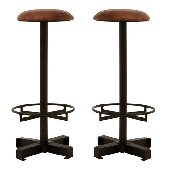 Bodmin Brown Faux Leather Bar Stools With Black Base In Pair