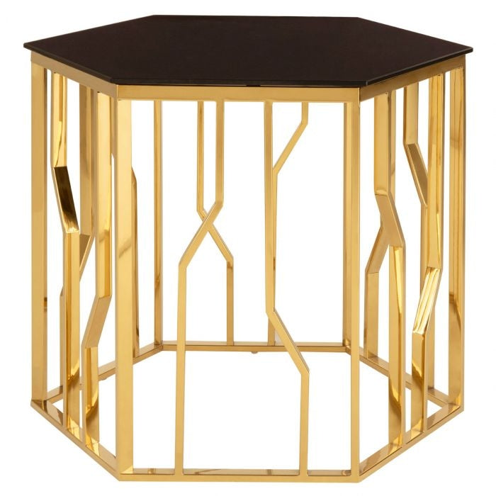 Aurora Hexagonal Glass Top Side Table In Black With Gold Frame