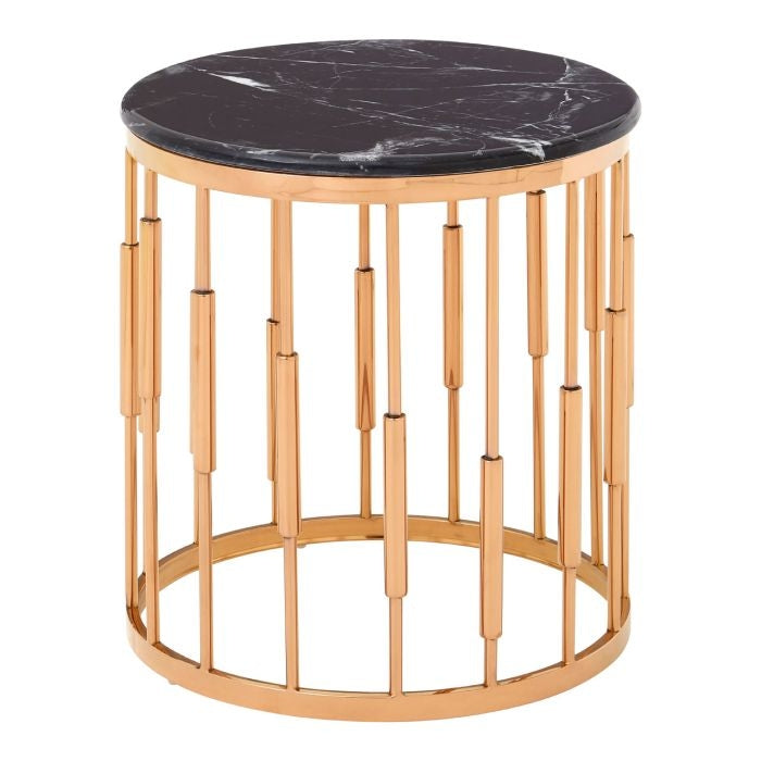 Aurora Round Marble Top Side Table In Black With Copper Frame