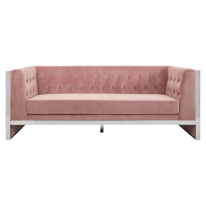 Vogue Polyester Velvet 3 Seater Sofa In Pink With Stainless Steel Frame