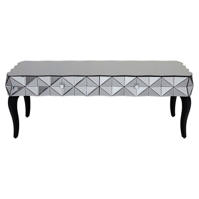 Soho Mirrored Glass Coffee Table In Silver With Black Wooden Legs