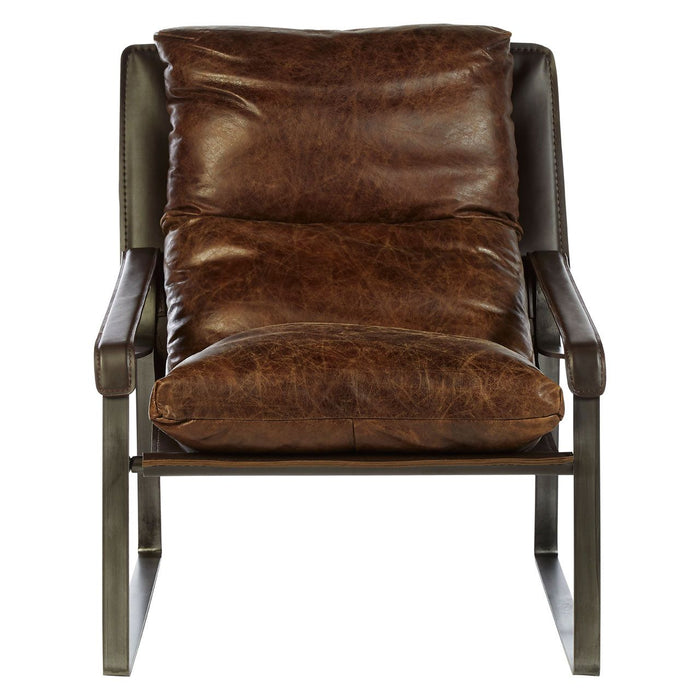 Hoxton Genuine Leather Lounge Chair In Brown With Angular Metal Legs