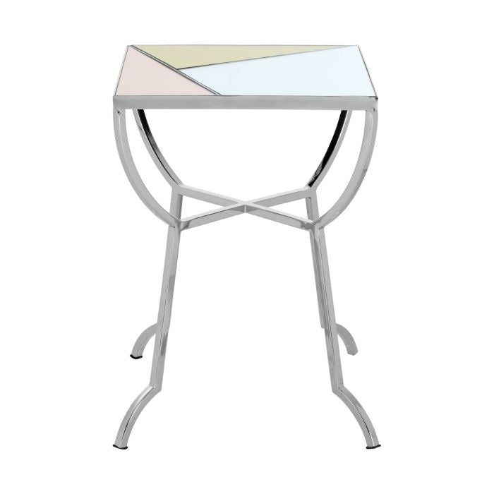 Achava Square Glass Top Side Table In Multi-colour With Silver Legs