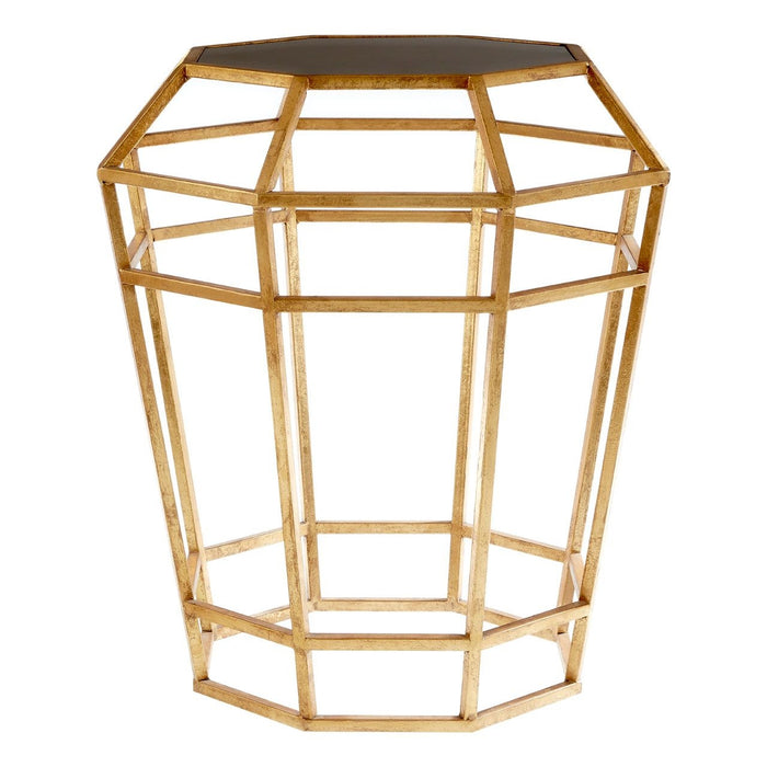 Zariah Drum Shape Glass Side Table In Black With Gold Metal Frame