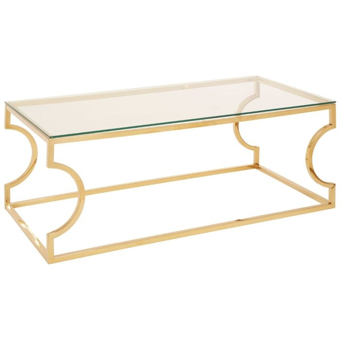 Alton Rectangular Clear Glass Coffee Table With Gold Curved Base