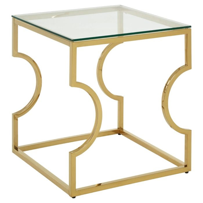 Alton Clear Glass End Table With Gold Curved Design Metal Base