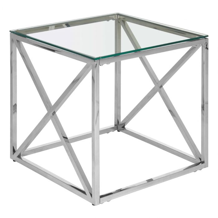 Anaco Clear Glass Top End Table With Chrome Metal Cross Base