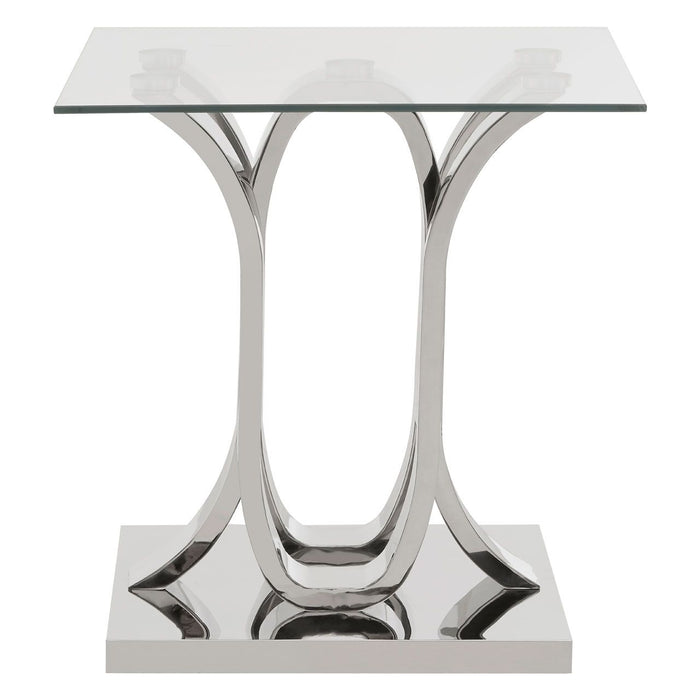 Allure Square Clear Glass End Table With Curved Stainless Steel Base