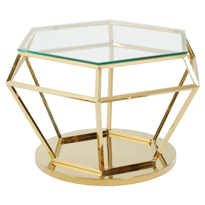 Alton Large Diamond Design Clear Glass Side Table With Gold Base