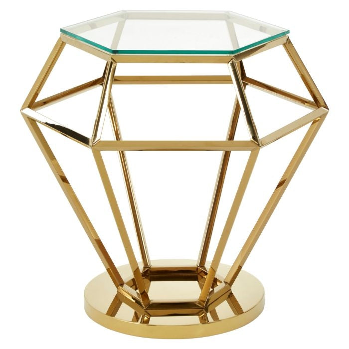 Alton Small Diamond Design Clear Glass Side Table With Gold Base