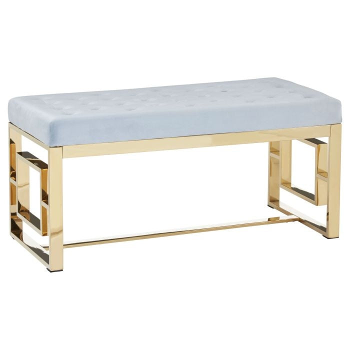 Allure Velvet Upholstered Textured Dining Bench In Blue With Gold Frame