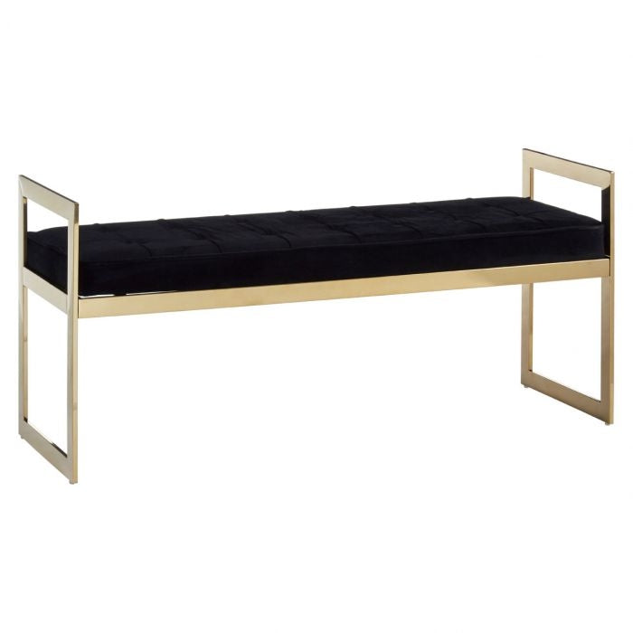 Allure Velvet Upholstered Button Tufted Dining Bench In Black With Gold Frame