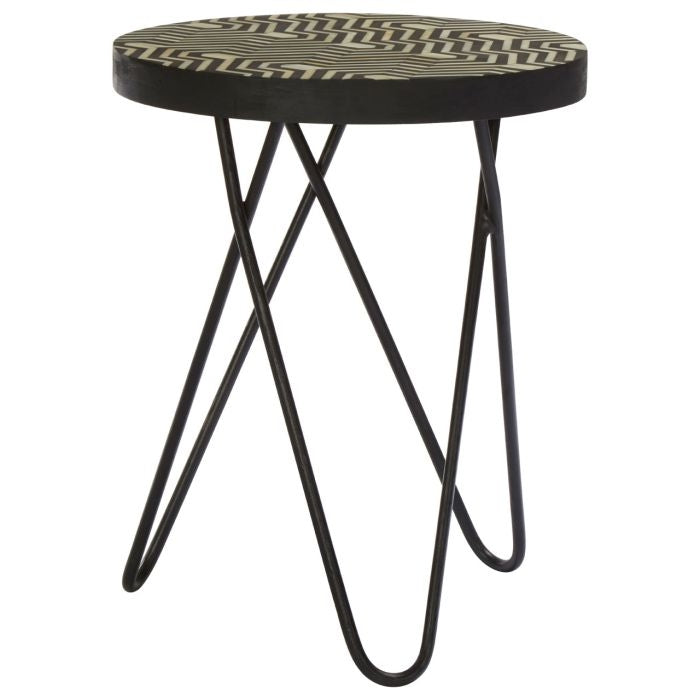 Baird Round Wooden Side Table In Black Metal Legs