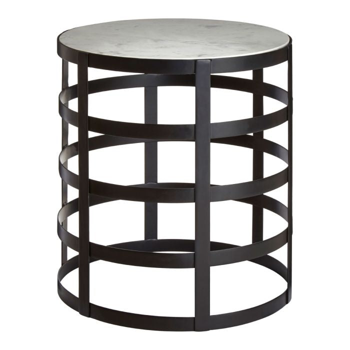 Calixtus Round Marble Top Side Table In White With Black Grid Frame