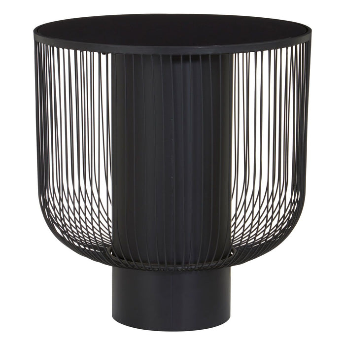 Trento Round Black Glass Top End Table With Black Iron Base