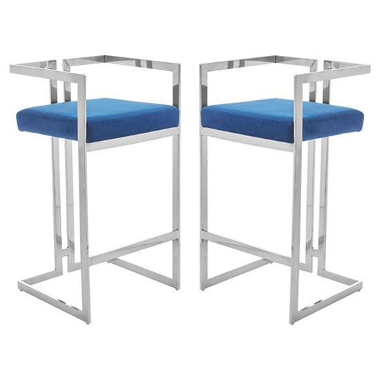 Amberley Blue Velvet Bar Stools With Silver Frame In Pair