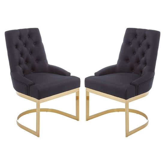 Amberley Black Linen Fabric Dining Chairs With Gold Base In Pair