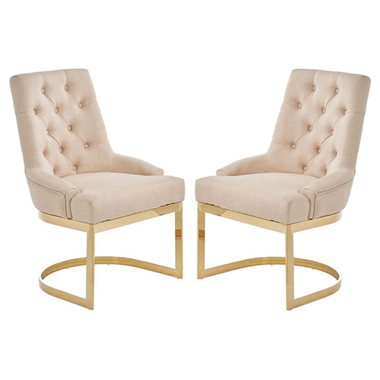 Amberley Natural Linen Fabric Dining Chairs With Gold Frame In Pair