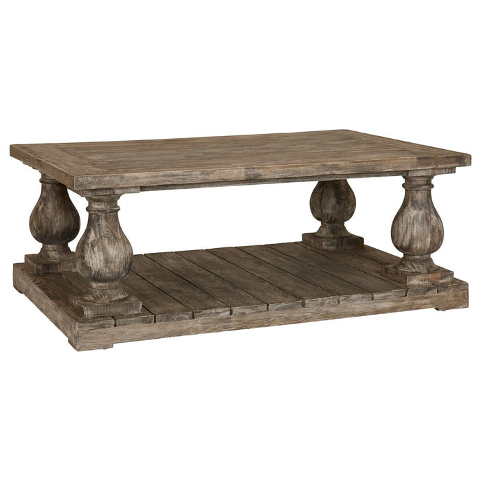 Lovina Wooden Coffee Table In Rustic Teak With Pillars