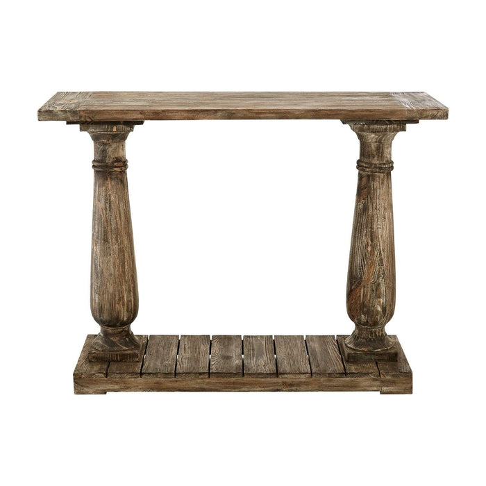 Lovina Wooden Console Table In Rustic Teak With Pillars