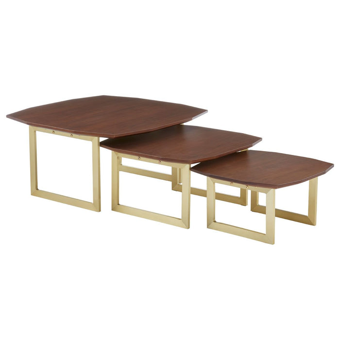 Villi Wooden Nest Of 3 Tables In Walnut With Gold Metal Legs