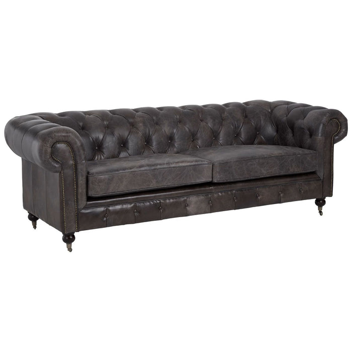 Victor Genuine Leather 3 Seater Sofa In Dark Grey With Birchwood Legs