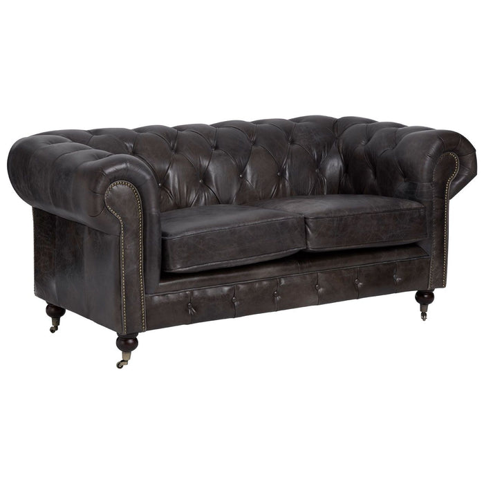 Victor Genuine Leather 2 Seater Sofa In Dark Grey With Birchwood Legs