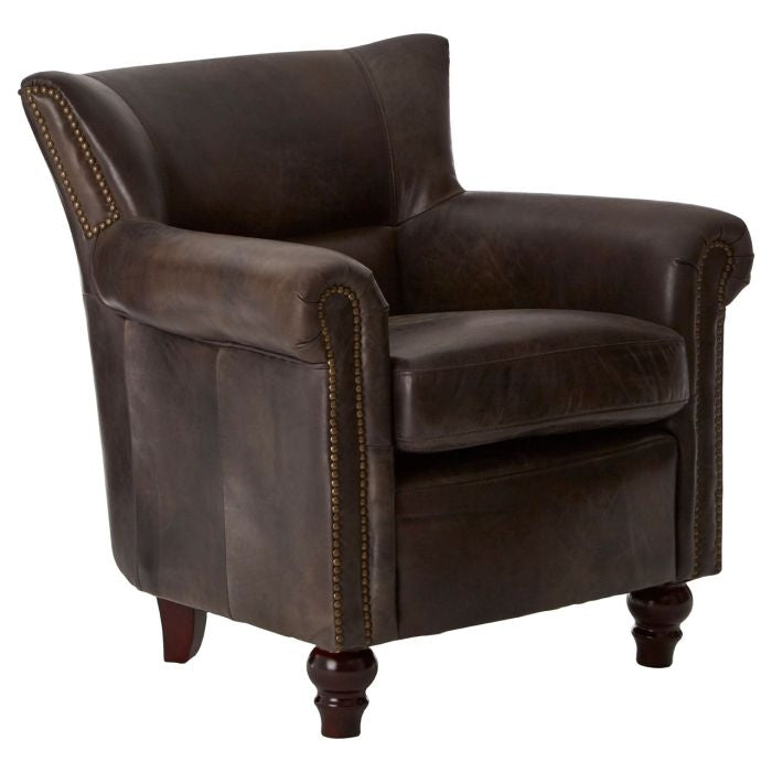 Victor Leather Scroll Armchair In Dark Grey With Wooden Legs