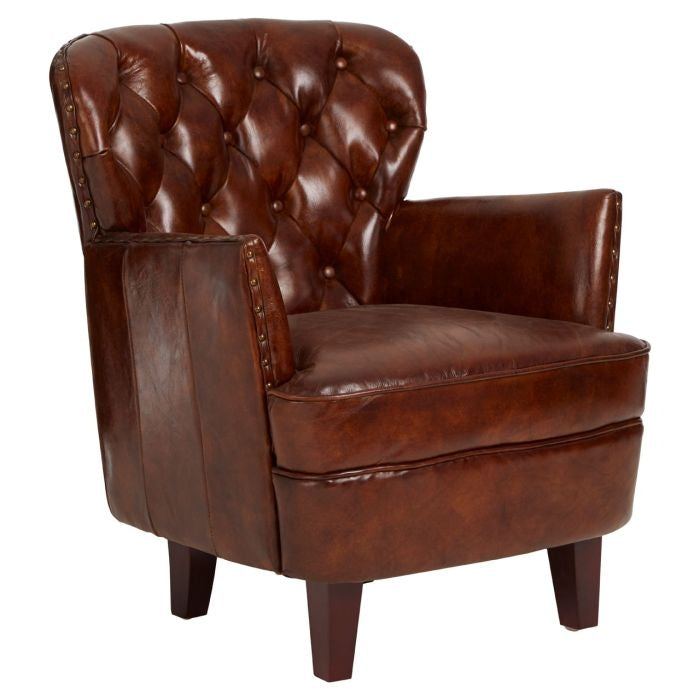 Victor Leather Button Back Armchair In Mocha Brown With Wooden Legs