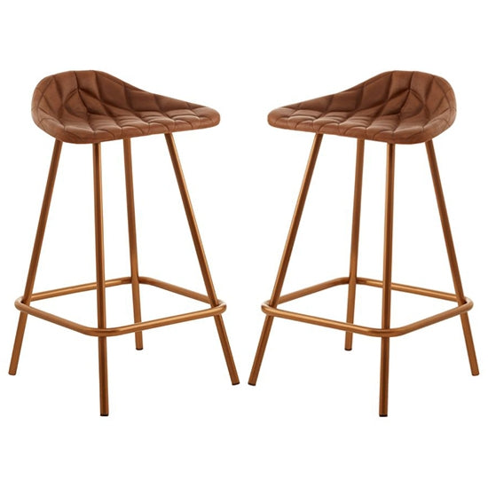 Bodmin Brown Faux Leather Bar Stools With Brass Legs In Pair