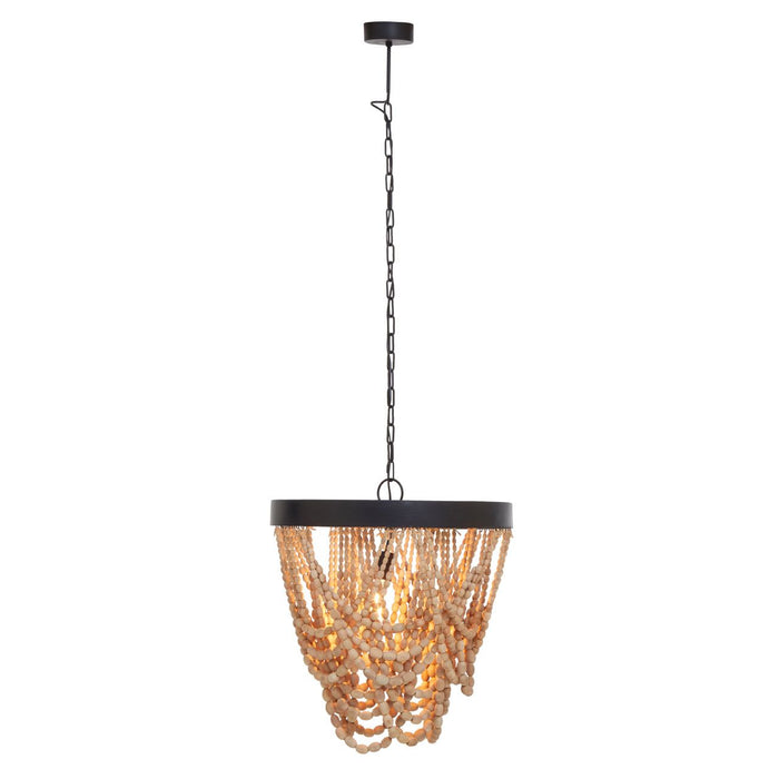 Lapiz Wood Bead Chandelier With Black Iron Frame