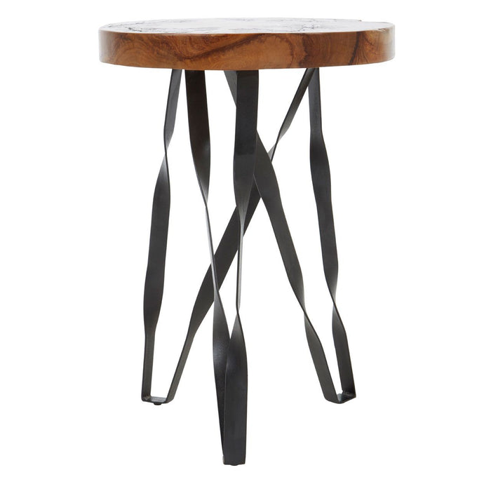 Surak Teak Wood Round Stool With Black Iron Legs