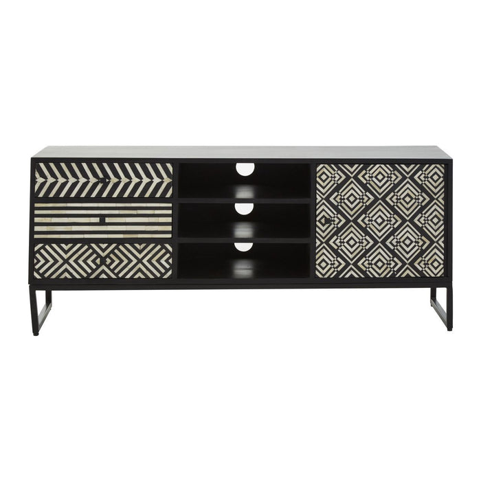 Boho Wooden TV Stand In Monochromatic Effect With 1 Door And 3 Drawers