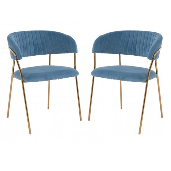 Tamzin Blue Velvet Dining Chairs With Gold Metal Legs In Pair