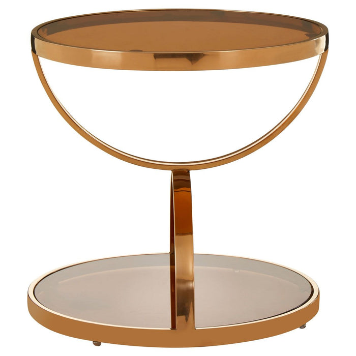 Tula Round Brown Glass Side Table In Rose Gold Stainless Steel Base