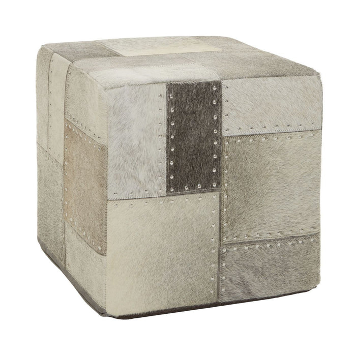 Safira Genuine Leather Patchwork Pouffe In Grey