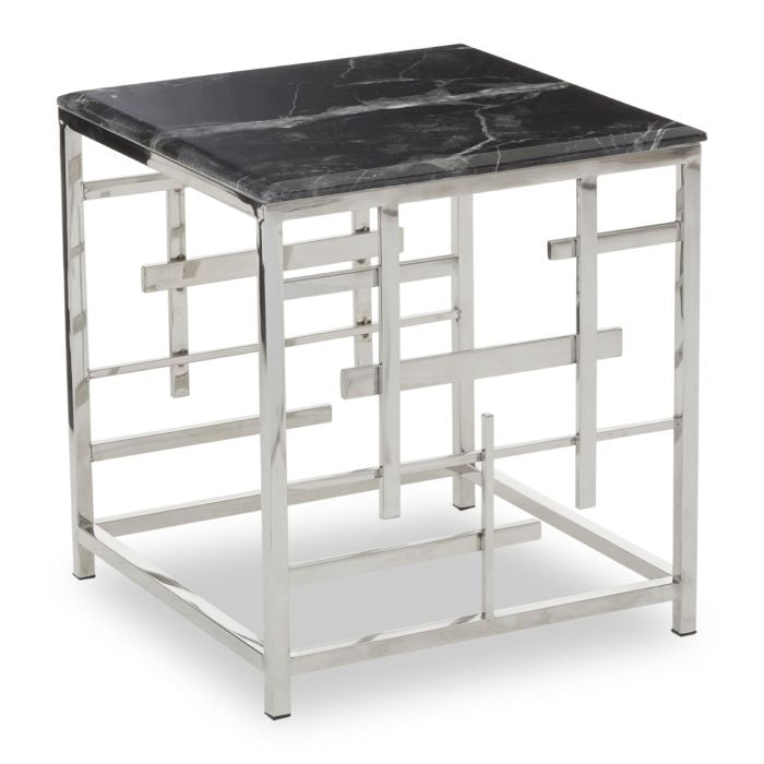 Alvescot Black Marble Top Side Table With Silver Asymmetric Frame