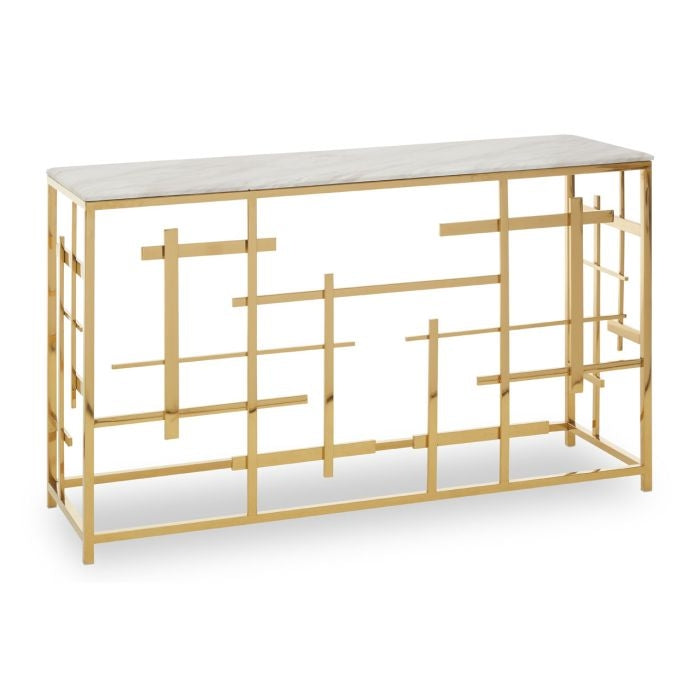 Alvescot White Marble Top Console Table With Gold Asymmetric Frame