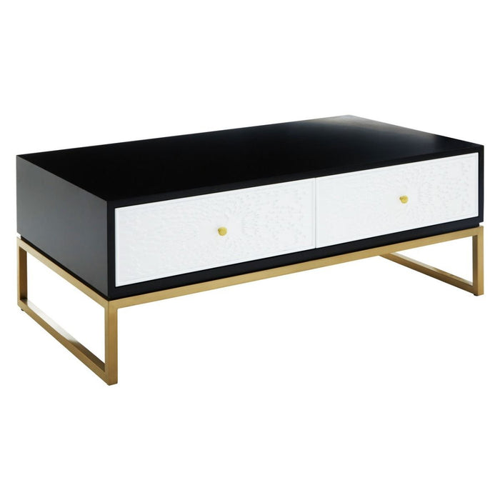 Dumas Wooden Coffee Table With 4 Drawers With Warm Metallic Base