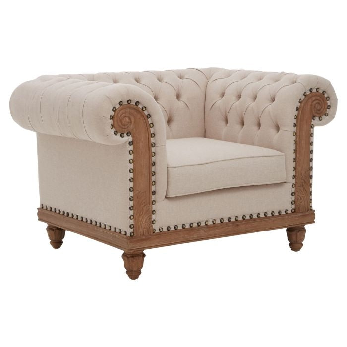 Cabra Cream Fabric Upholstered Armchair With Carved Legs