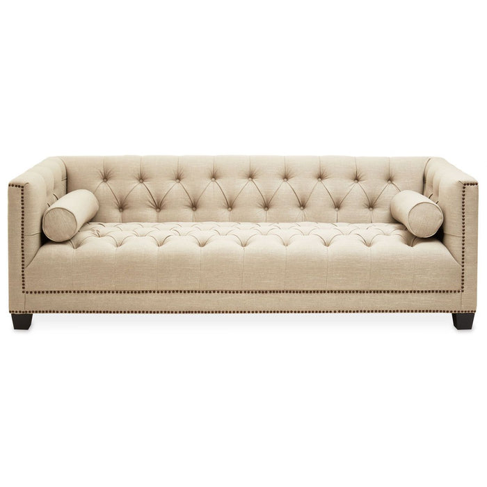 Surina Fabric 3 Seater Sofa In Stone With Carved Wooden Feets