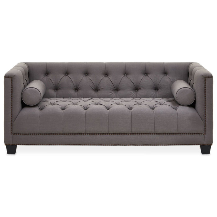 Surina Fabric 2 Seater Sofa In Grey With Carved Wooden Feets