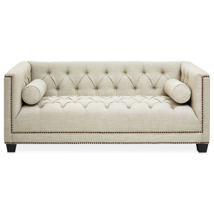 Surina Fabric 2 Seater Sofa In Stone With Carved Wooden Feets