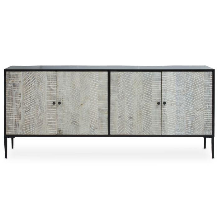 Lanton Wooden Sideboard In Grey With Black Metal Frame With 4 Doors