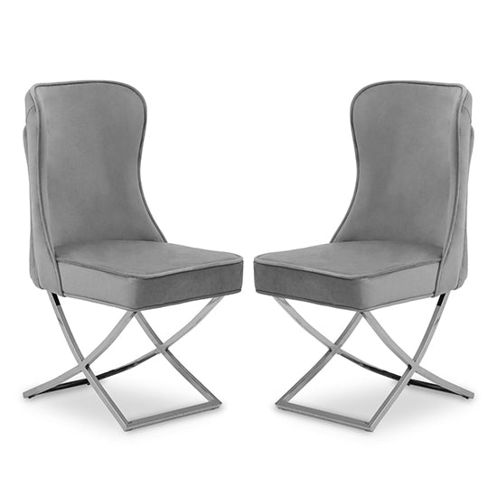 Belle Grey Velvet Dining Chairs With Chrome Metal Legs In Pair