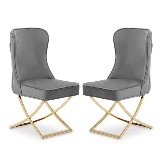 Belle Grey Velvet Dining Chairs With Gold Metal Legs In Pair