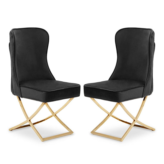 Belle Black Velvet Dining Chairs With Gold Metal Legs In Pair